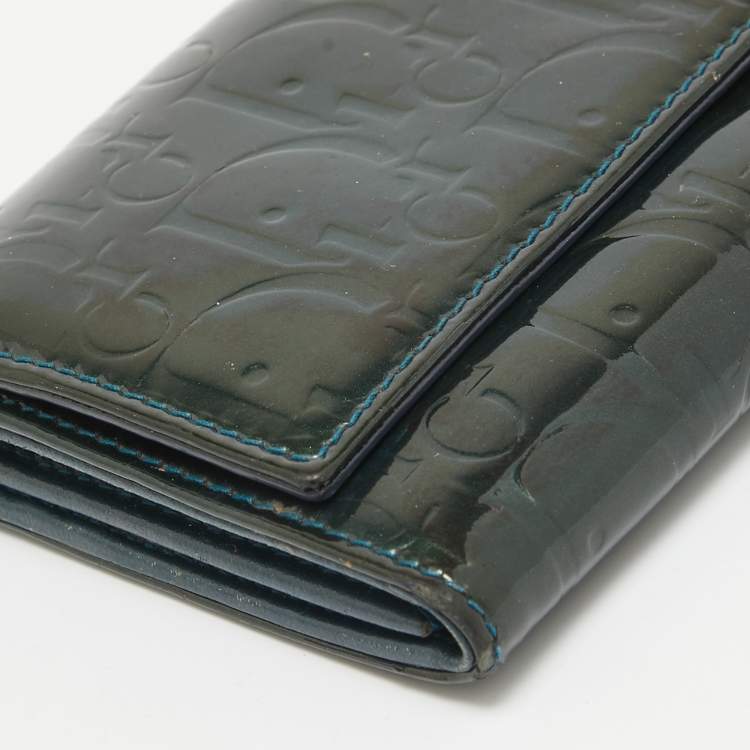 Pre Owned Dior Green Oblique Embossed Patent Leather Continental Flap Wallet