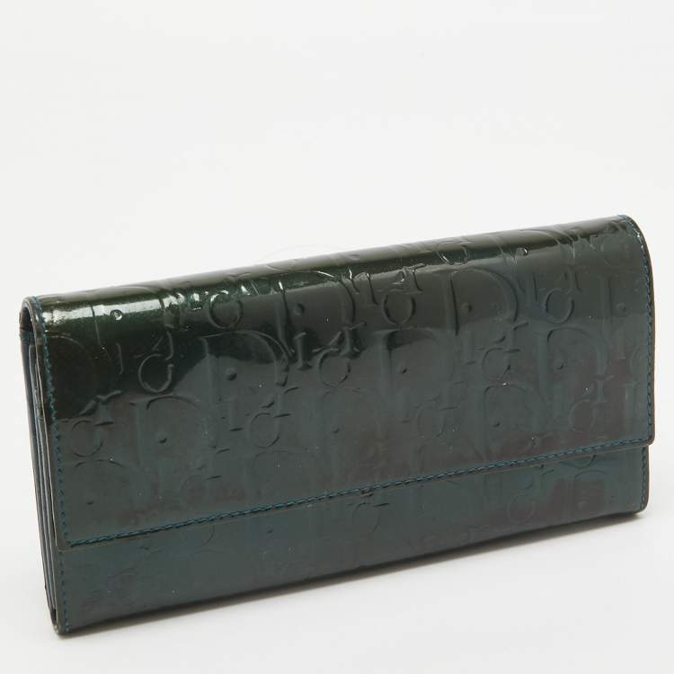 Pre Owned Dior Green Oblique Embossed Patent Leather Continental Flap Wallet