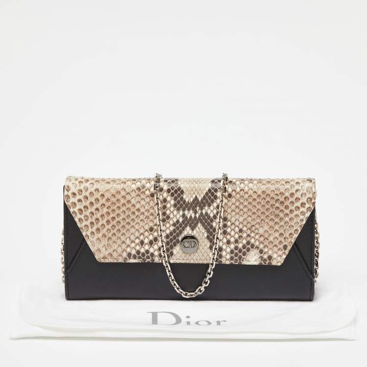 مملوكة مسبقًا Dior Black/Beige Leather and Python Addict Rendez-Vous Wallet on Chain