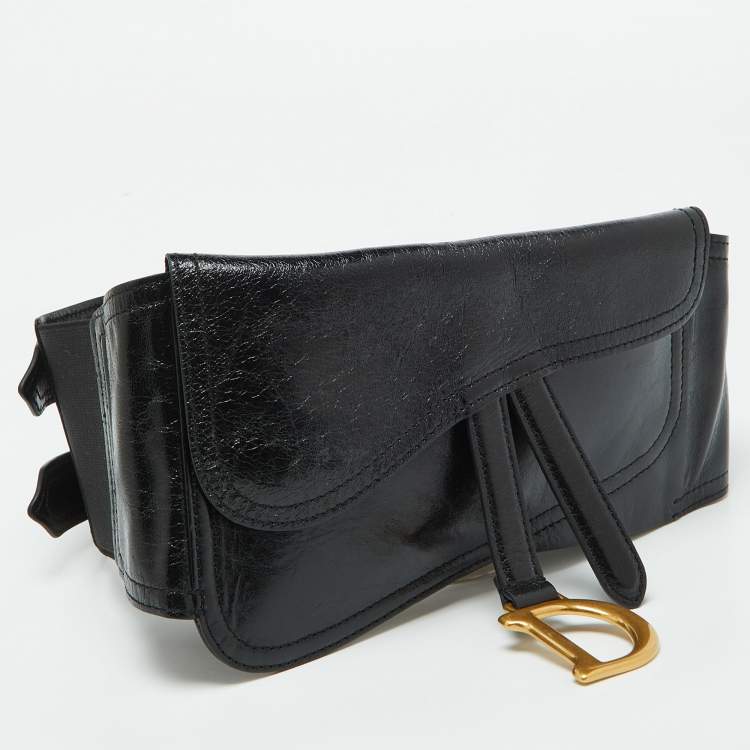 Pre Owned Dior Black Crinkled Leather Saddle Waist Belt Bag