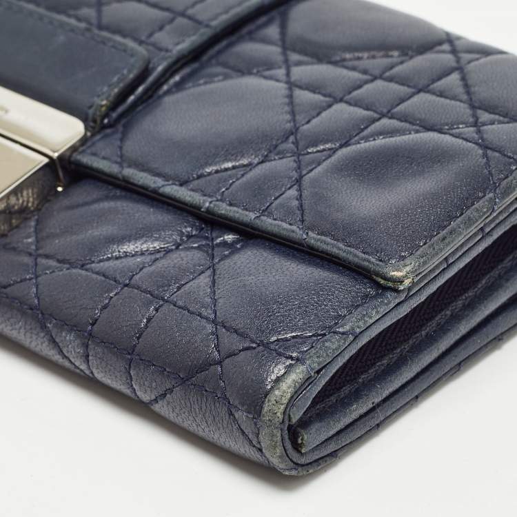 Pre Owned Dior Navy Blue Cannage Quilted Leather New Lock Wallet on Chain