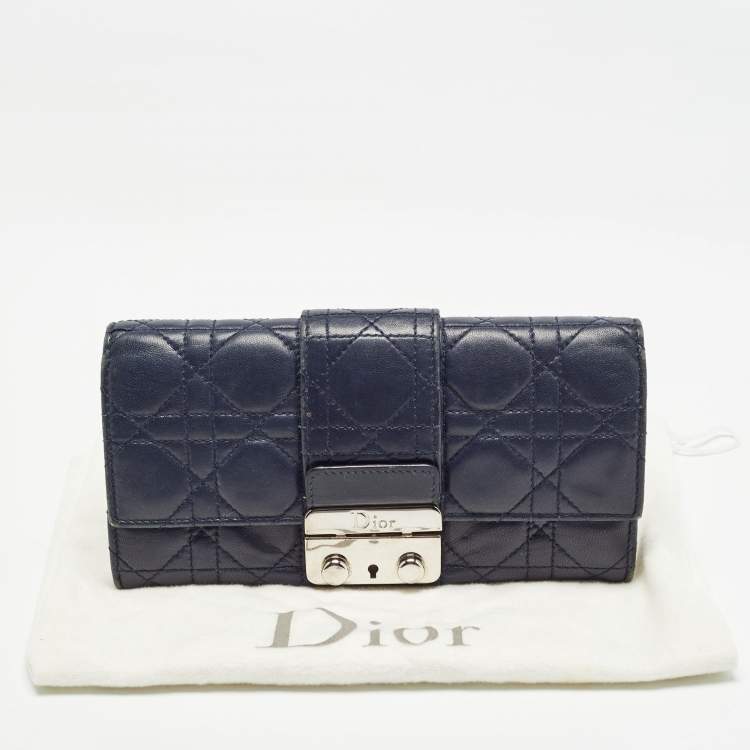 Pre Owned Dior Navy Blue Cannage Quilted Leather New Lock Wallet on Chain
