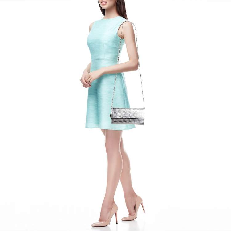 Pre Owned Dior Silver Microcannage Patent Leather Lady Dior Croisiere Wallet on Chain