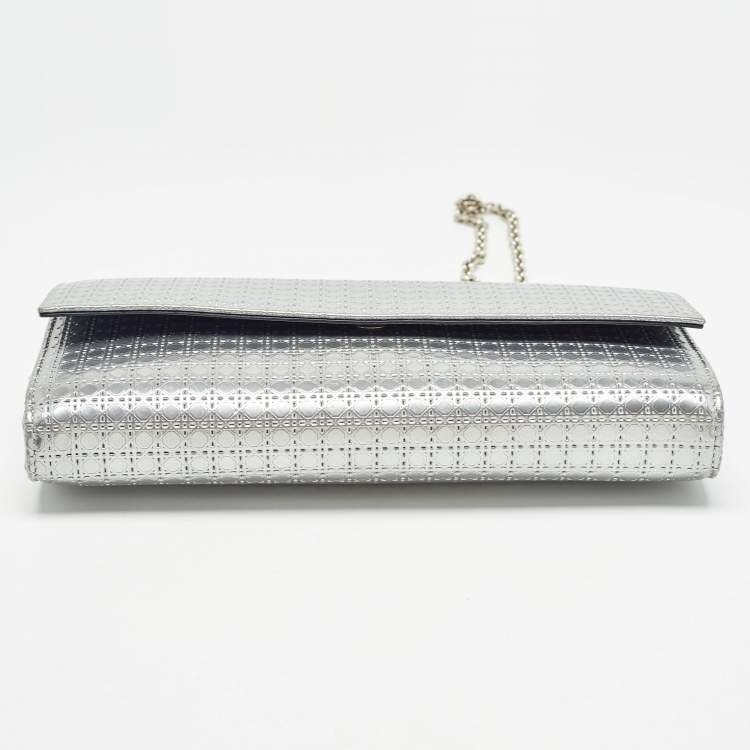Pre Owned Dior Silver Microcannage Patent Leather Lady Dior Croisiere Wallet on Chain