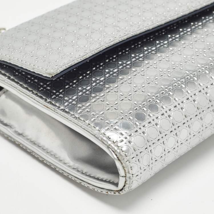 Pre Owned Dior Silver Microcannage Patent Leather Lady Dior Croisiere Wallet on Chain