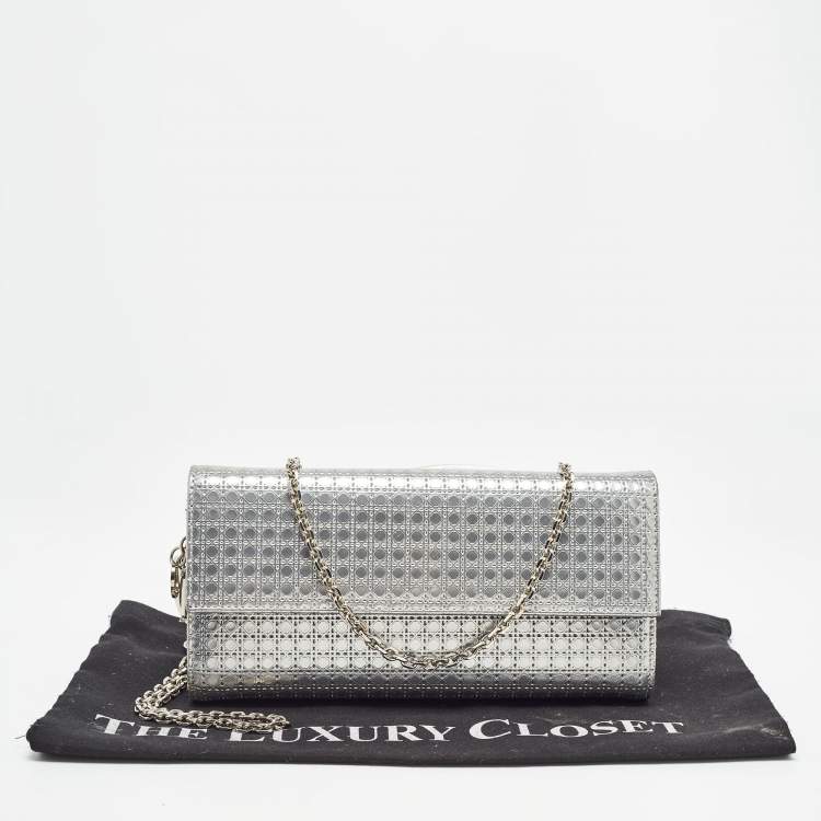 Pre Owned Dior Silver Microcannage Patent Leather Lady Dior Croisiere Wallet on Chain