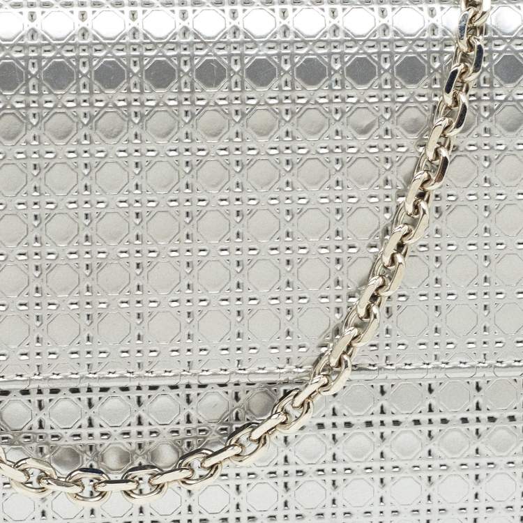 Pre Owned Dior Silver Microcannage Patent Leather Lady Dior Croisiere Wallet on Chain