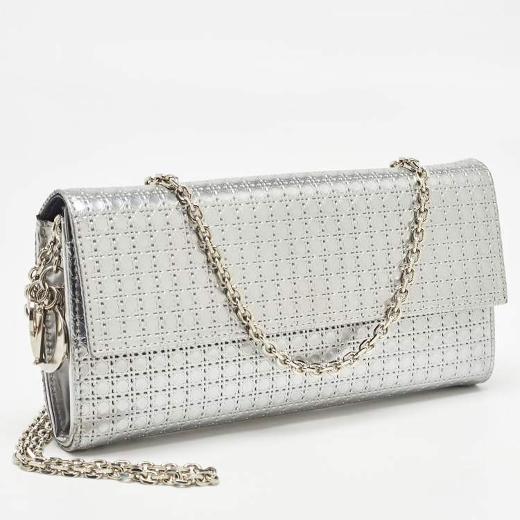 Pre Owned Dior Silver Microcannage Patent Leather Lady Dior Croisiere Wallet on Chain