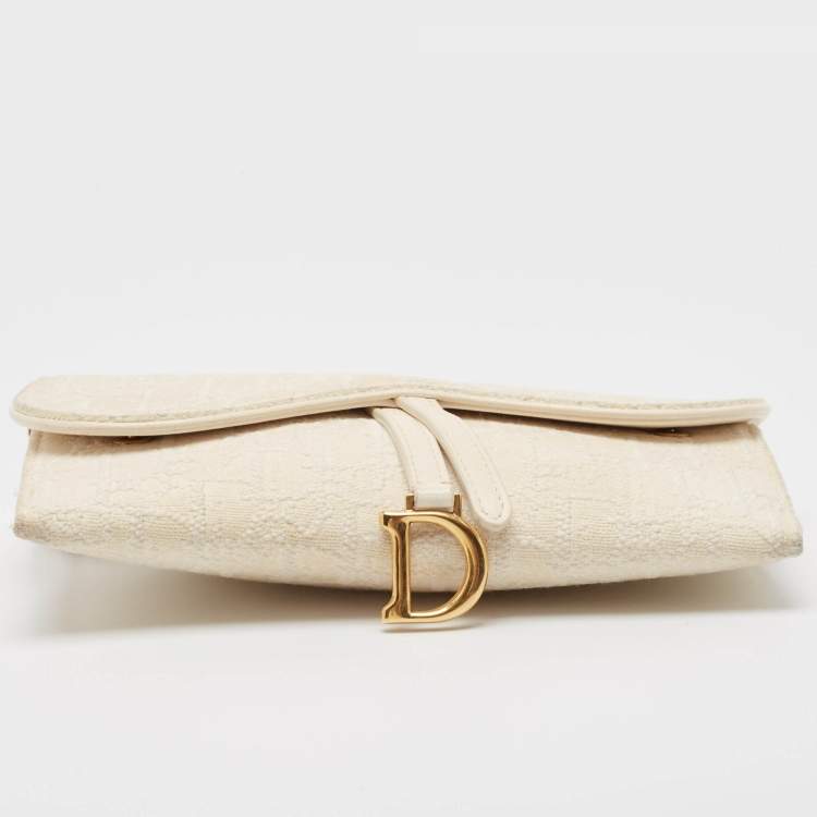 Pre Owned Dior Off White Oblique Canvas and Leather Saddle Wallet on Chain
