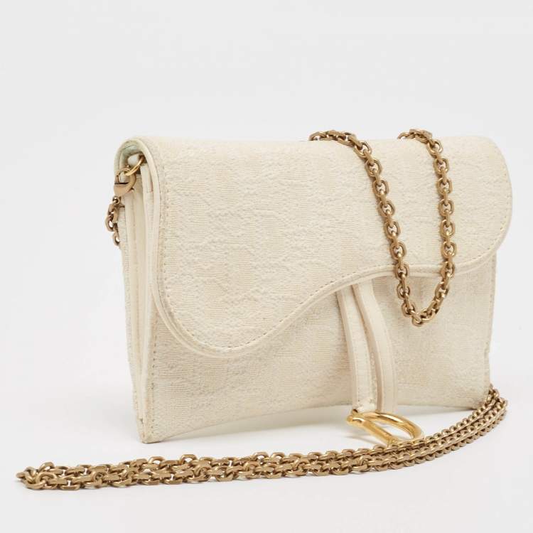 Pre Owned Dior Off White Oblique Canvas and Leather Saddle Wallet on Chain