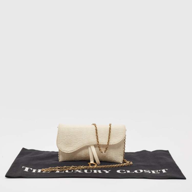 Pre Owned Dior Off White Oblique Canvas and Leather Saddle Wallet on Chain