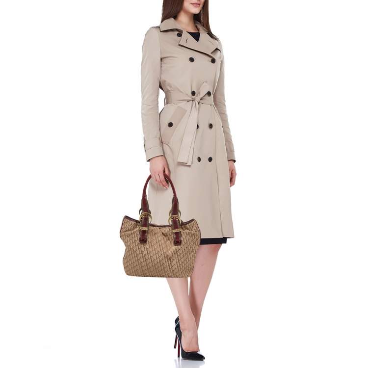 Pre Owned Dior Beige/Maroon Oblique Canvas,Suede and Patent Leather Tote