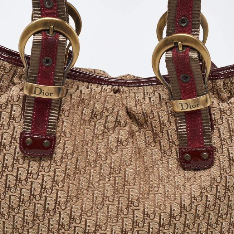 Pre Owned Dior Beige/Maroon Oblique Canvas,Suede and Patent Leather Tote