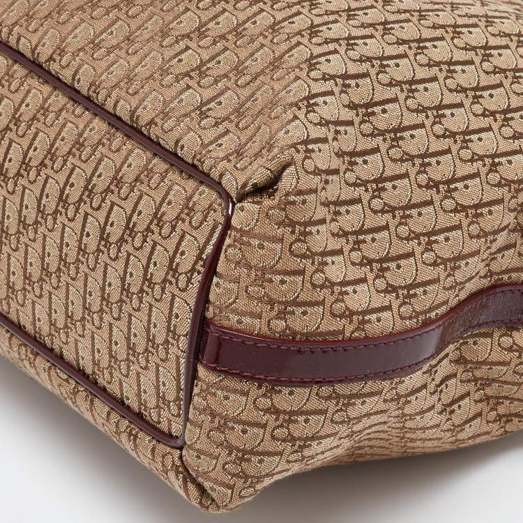 Pre Owned Dior Beige/Maroon Oblique Canvas,Suede and Patent Leather Tote
