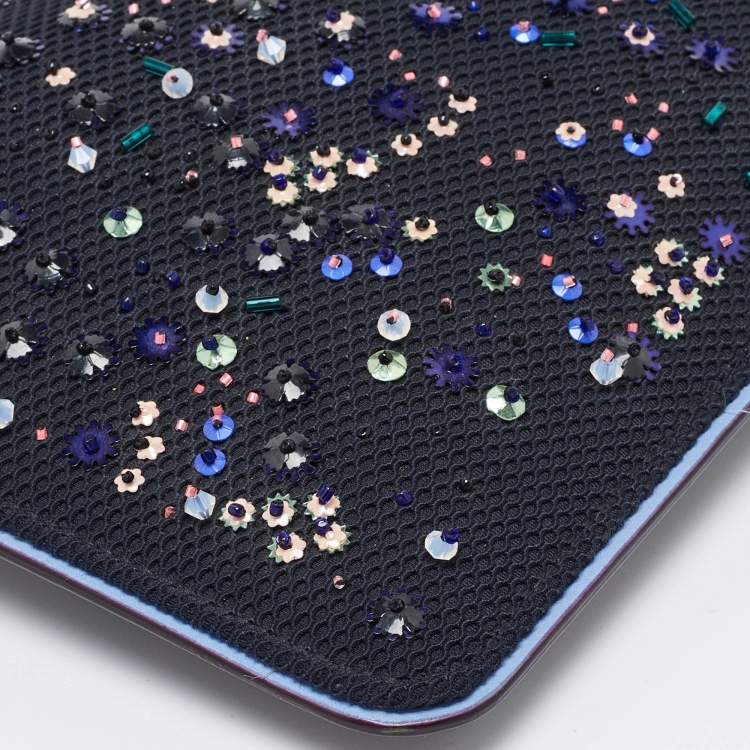 Pre Owned Dior Black/Blue Mesh and Leather Stardust Flat Pouch