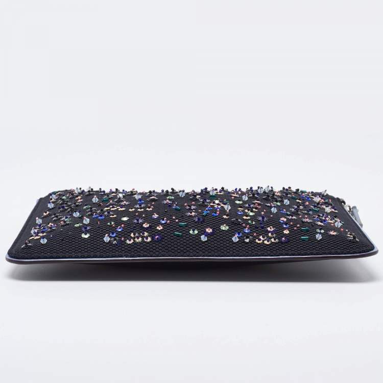Pre Owned Dior Black/Blue Mesh and Leather Stardust Flat Pouch