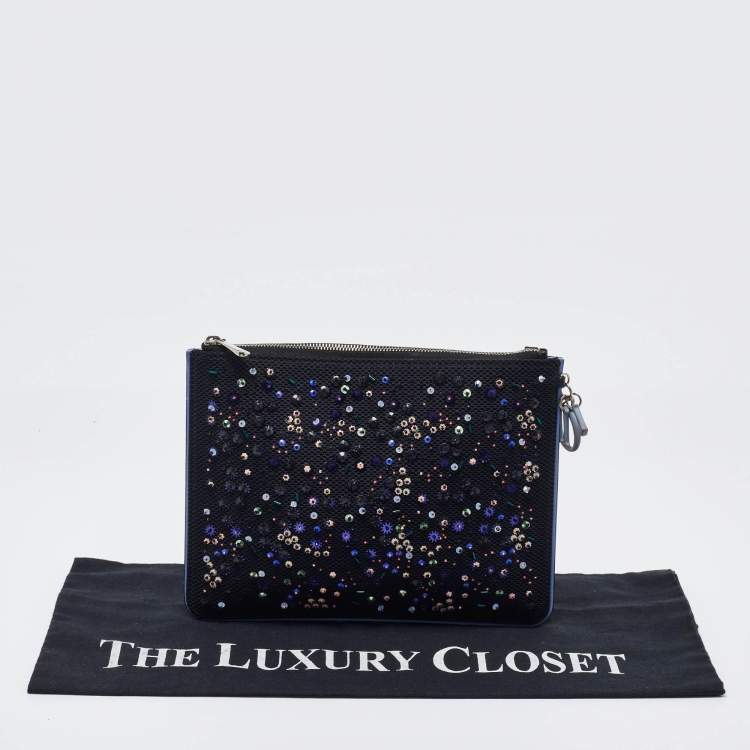 Pre Owned Dior Black/Blue Mesh and Leather Stardust Flat Pouch