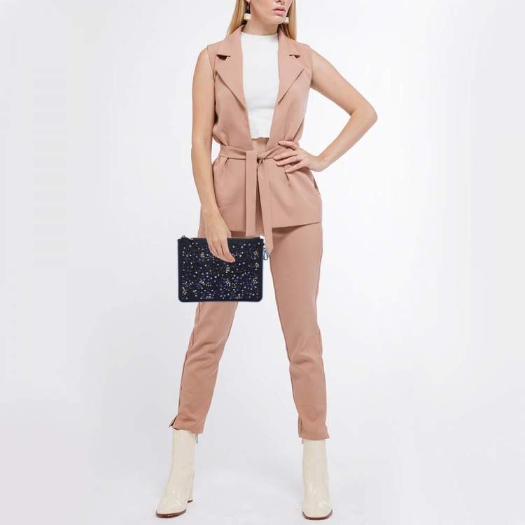 Pre Owned Dior Black/Blue Mesh and Leather Stardust Flat Pouch