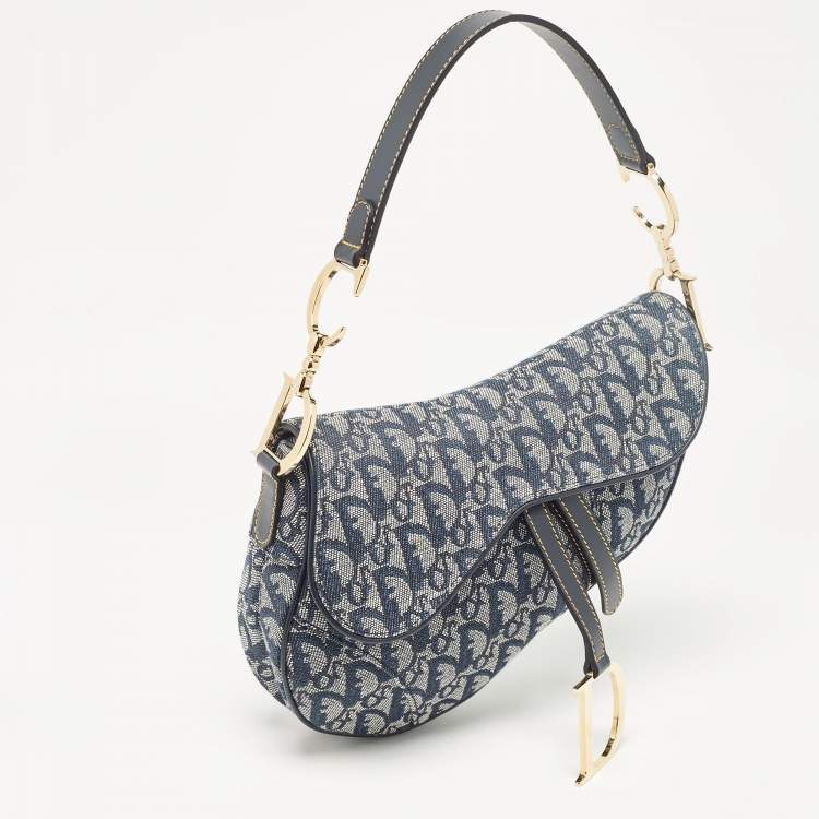 Pre Owned Dior Blue Oblique Canvas Saddle Bag