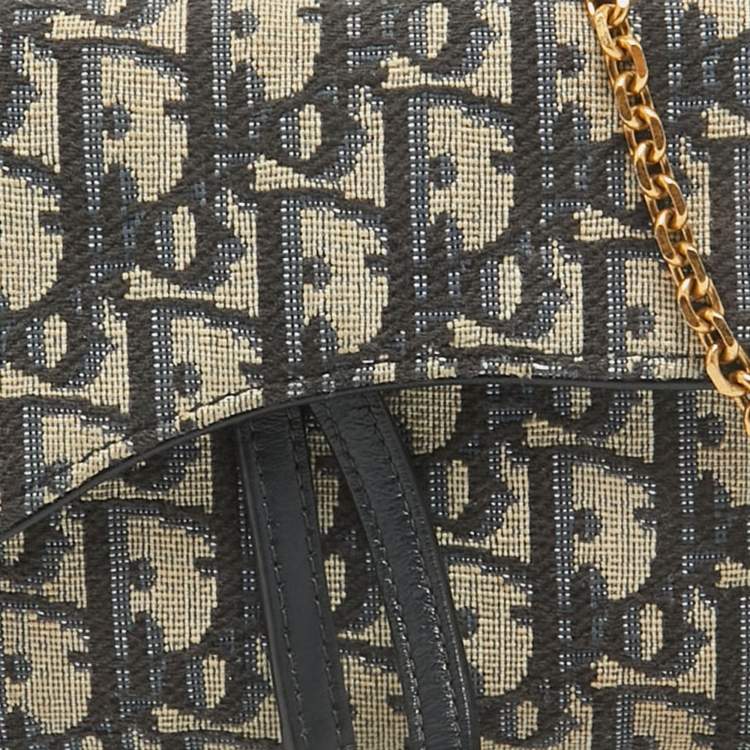 Pre Owned Dior Navy Blue Oblique Canvas and Leather Saddle Wallet on Chain