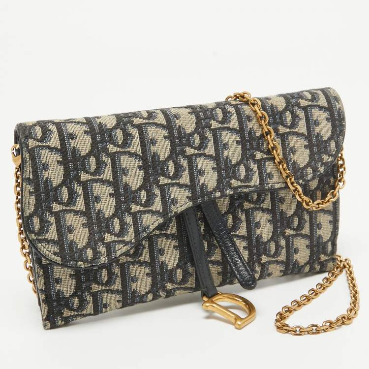 Pre Owned Dior Navy Blue Oblique Canvas and Leather Saddle Wallet on Chain