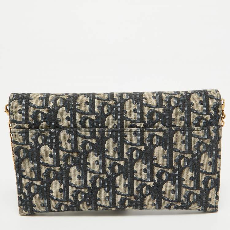 Pre Owned Dior Navy Blue Oblique Canvas and Leather Saddle Wallet on Chain