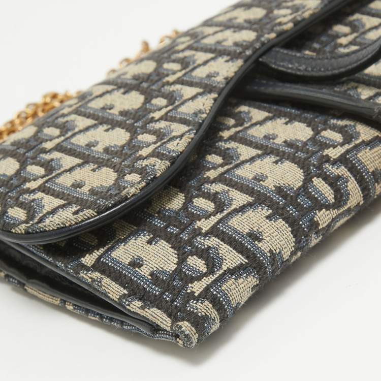 Pre Owned Dior Navy Blue Oblique Canvas and Leather Saddle Wallet on Chain