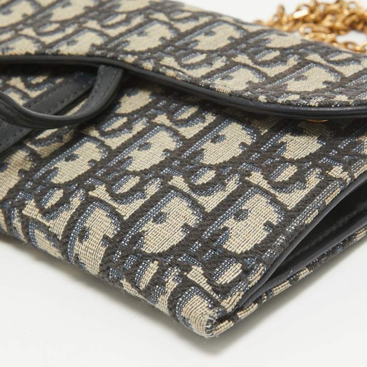 Pre Owned Dior Navy Blue Oblique Canvas and Leather Saddle Wallet on Chain