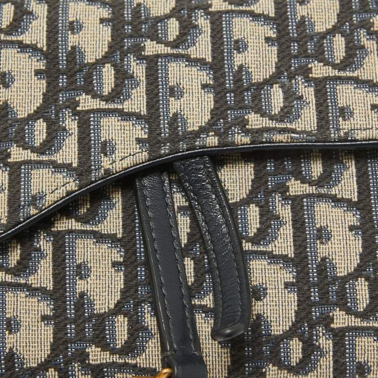 Pre Owned Dior Navy Blue Oblique Canvas and Leather Saddle Wallet on Chain