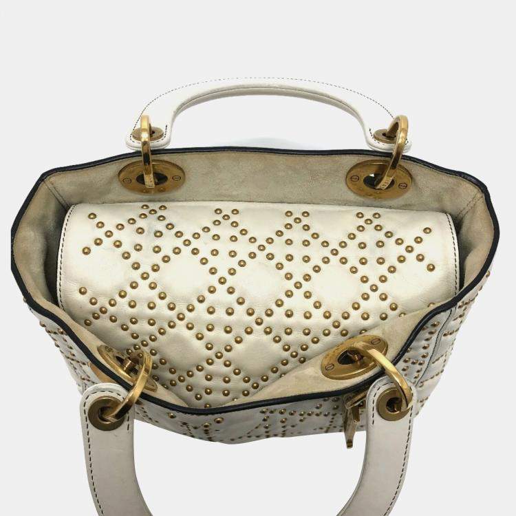 Pre Owned Dior White Leather Studded Medium Lady Dior Top Handle Bags
