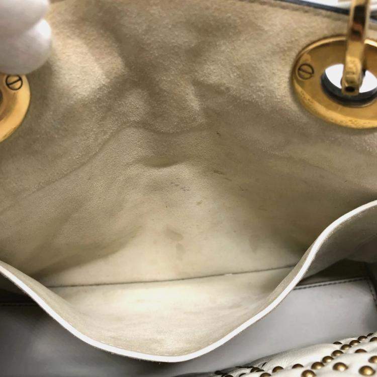 Pre Owned Dior White Leather Studded Medium Lady Dior Top Handle Bags