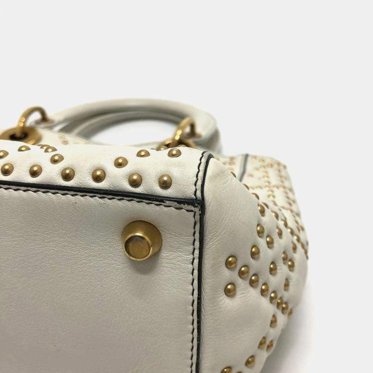 Pre Owned Dior White Leather Studded Medium Lady Dior Top Handle Bags