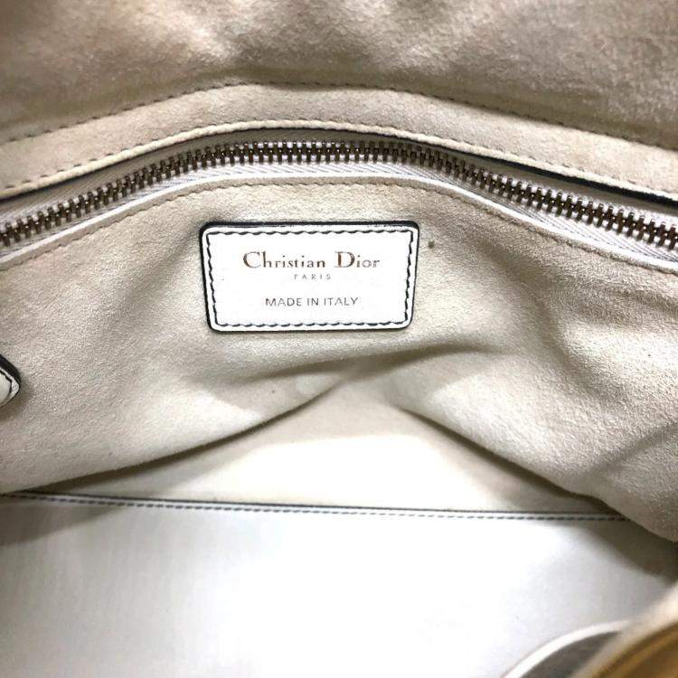 Pre Owned Dior White Leather Studded Medium Lady Dior Top Handle Bags