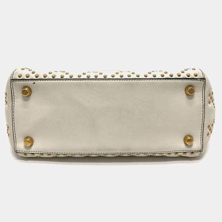 Pre Owned Dior White Leather Studded Medium Lady Dior Top Handle Bags
