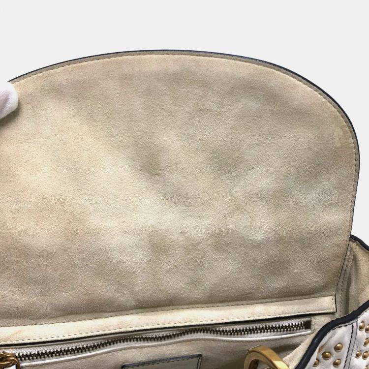 Pre Owned Dior White Leather Studded Medium Lady Dior Top Handle Bags