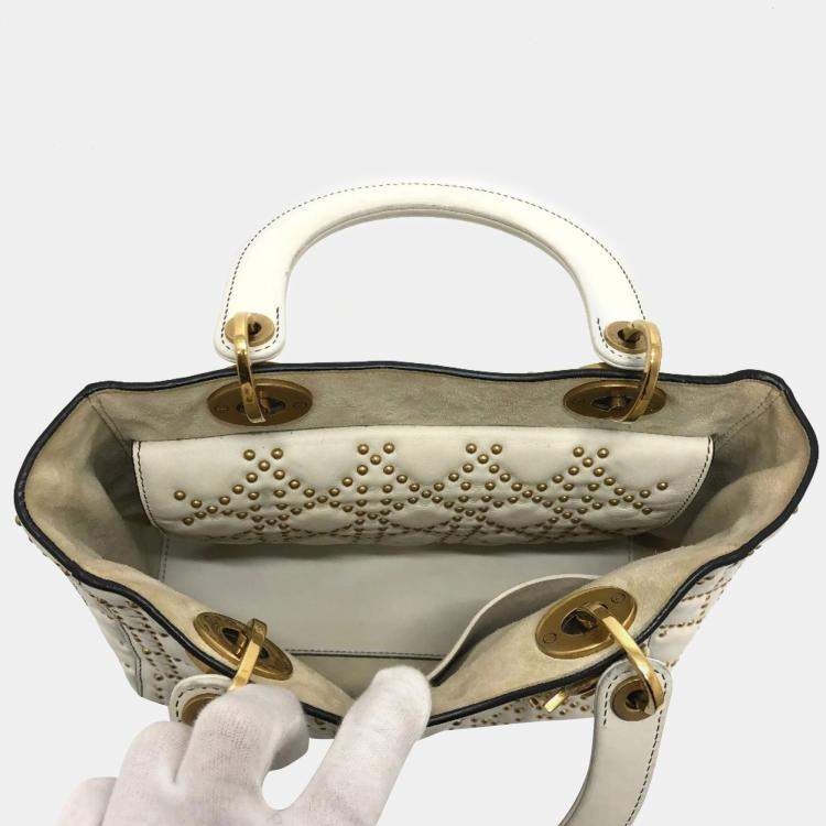 Pre Owned Dior White Leather Studded Medium Lady Dior Top Handle Bags
