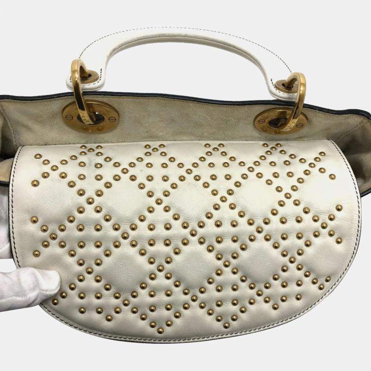 Pre Owned Dior White Leather Studded Medium Lady Dior Top Handle Bags