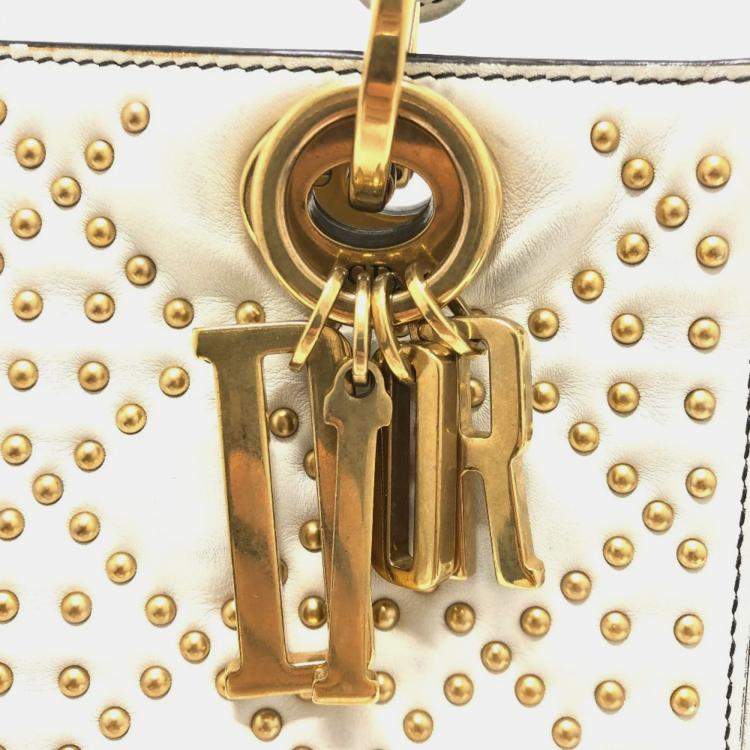 Pre Owned Dior White Leather Studded Medium Lady Dior Top Handle Bags