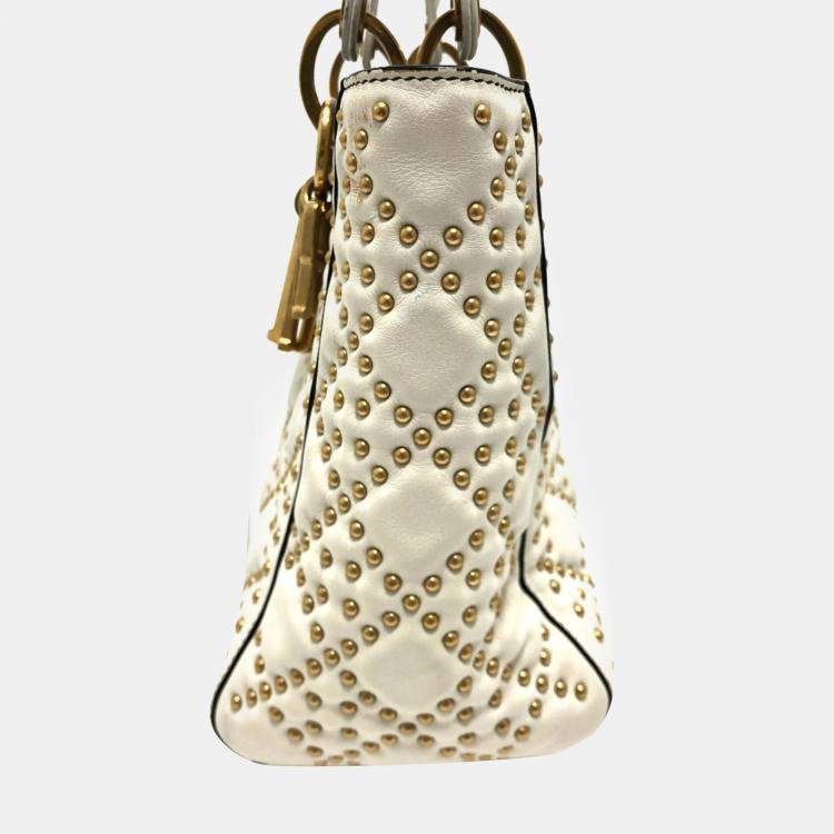 Pre Owned Dior White Leather Studded Medium Lady Dior Top Handle Bags
