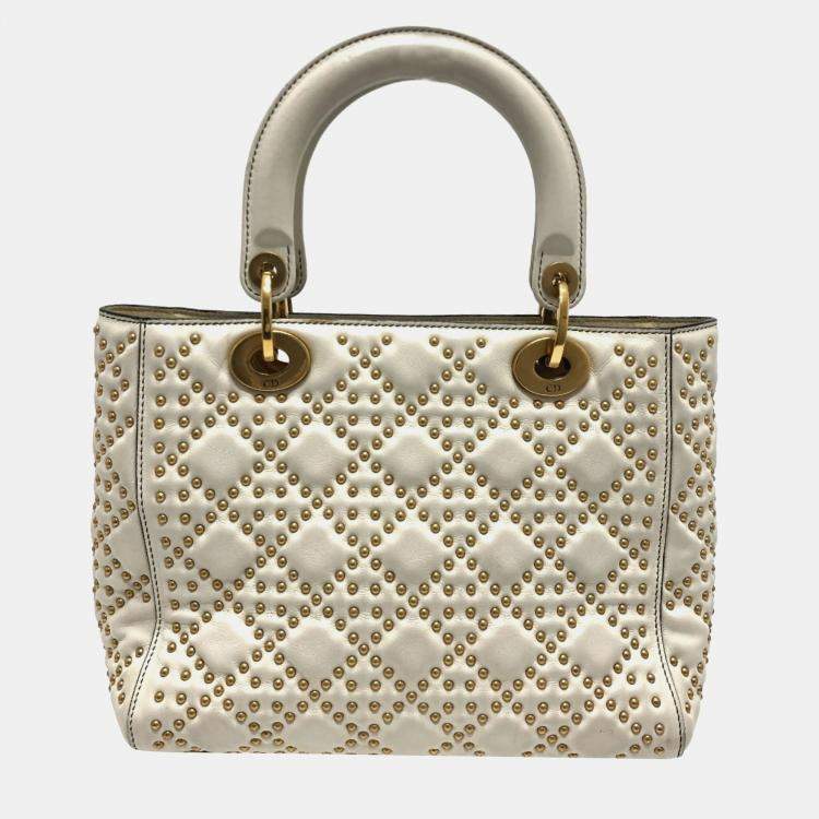 Pre Owned Dior White Leather Studded Medium Lady Dior Top Handle Bags