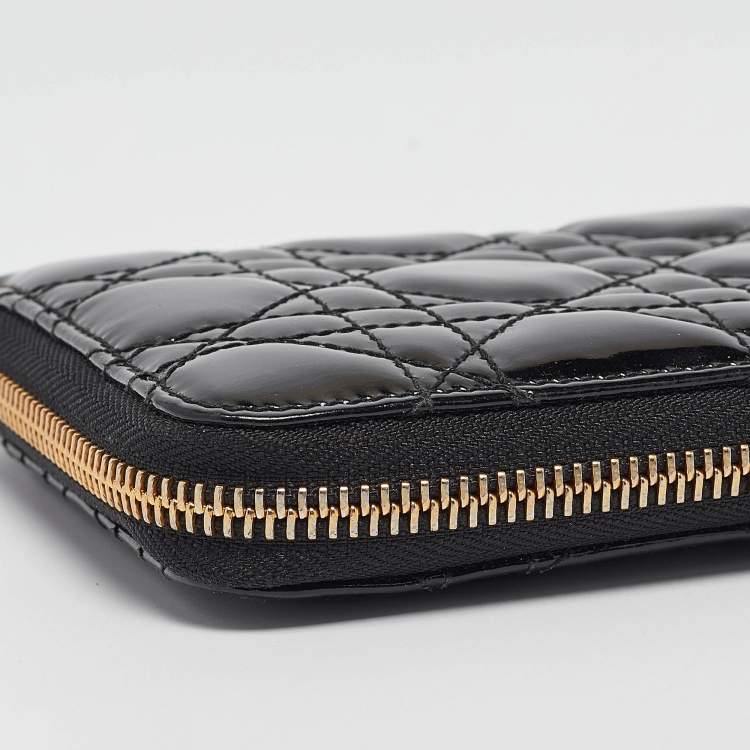 Pre Owned Dior Black Cannage Patent Leather Lady Dior Zip Around Wallet