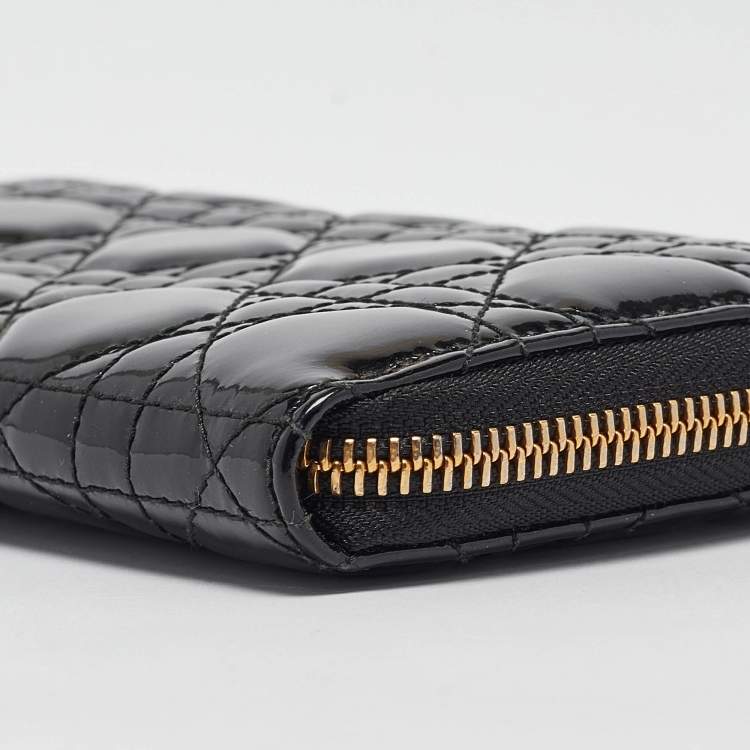 Pre Owned Dior Black Cannage Patent Leather Lady Dior Zip Around Wallet