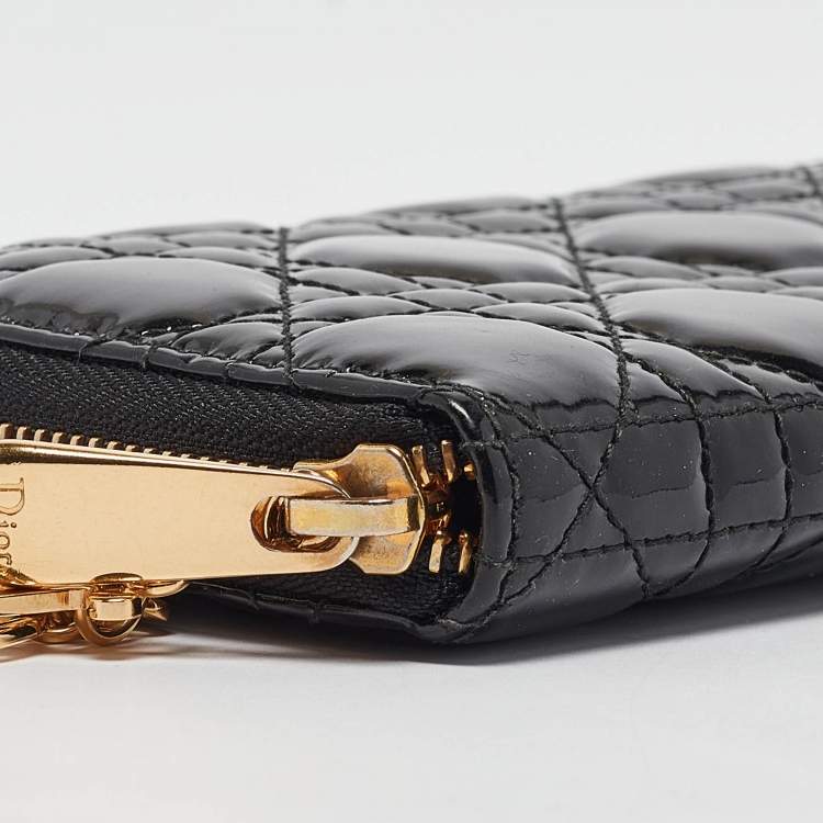 Pre Owned Dior Black Cannage Patent Leather Lady Dior Zip Around Wallet