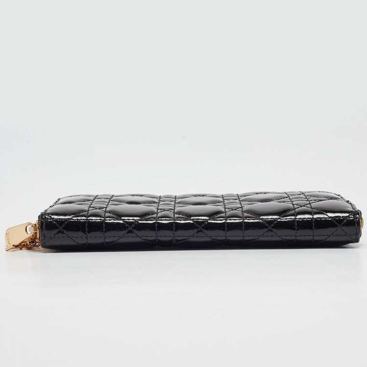 Pre Owned Dior Black Cannage Patent Leather Lady Dior Zip Around Wallet