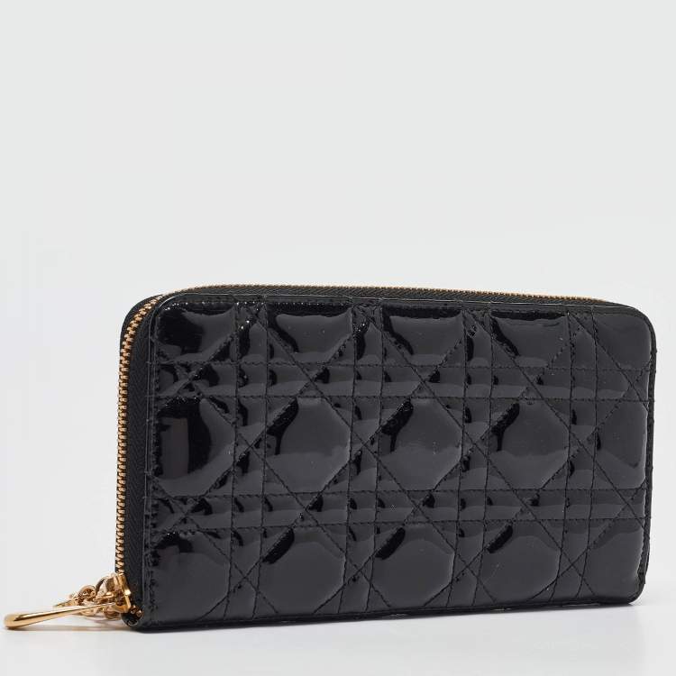 Pre Owned Dior Black Cannage Patent Leather Lady Dior Zip Around Wallet