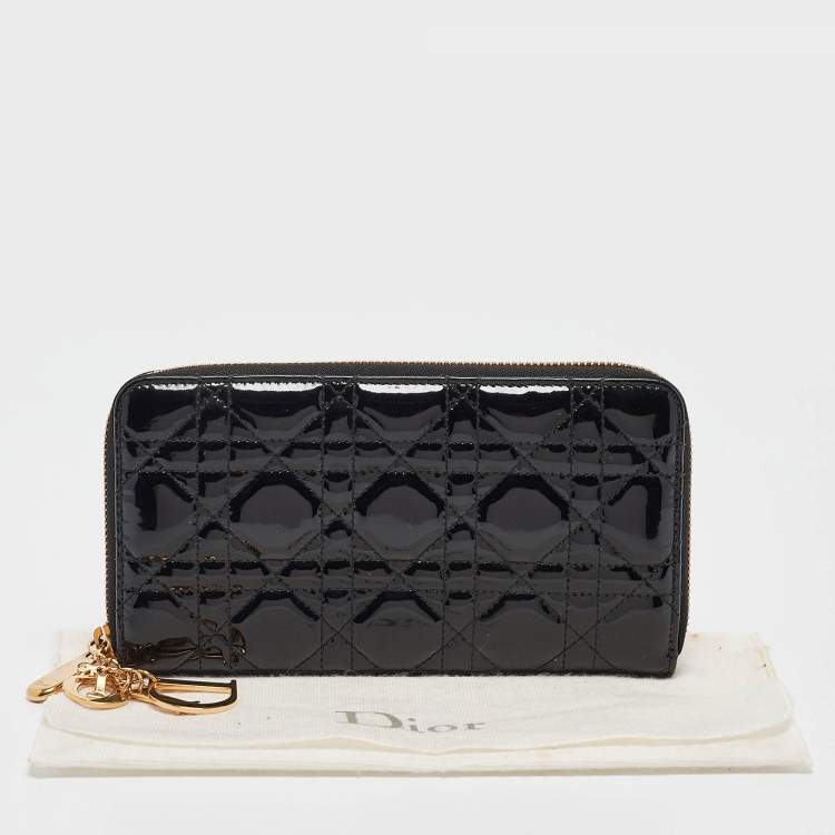 Pre Owned Dior Black Cannage Patent Leather Lady Dior Zip Around Wallet