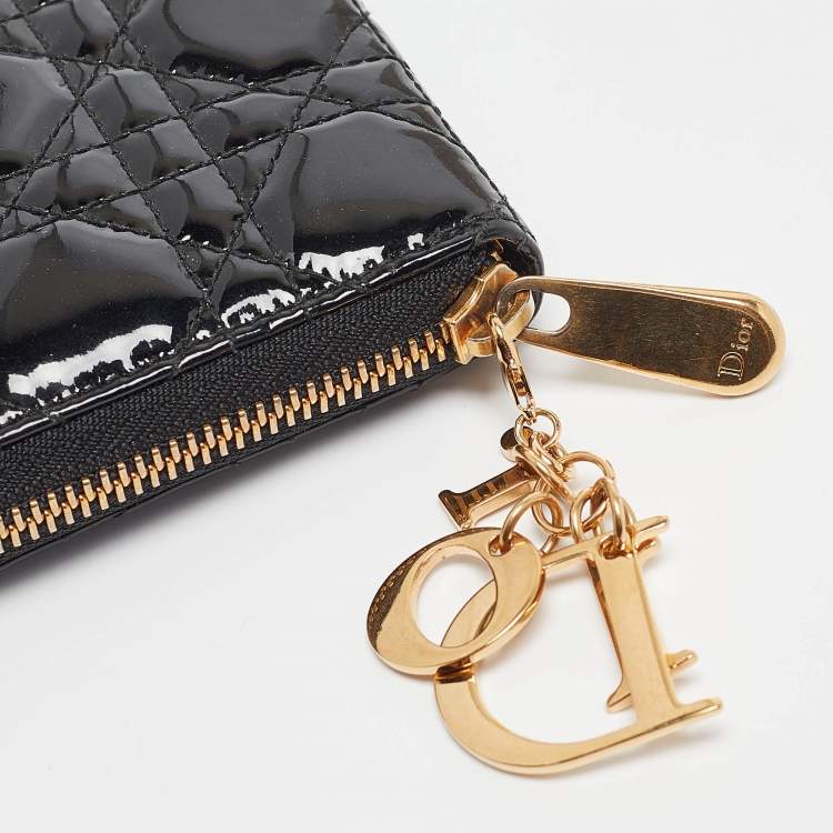 Pre Owned Dior Black Cannage Patent Leather Lady Dior Zip Around Wallet
