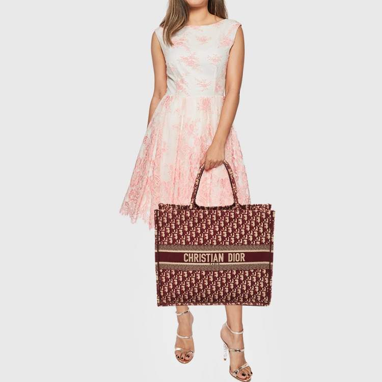 Pre Owned Dior Burgundy Oblique Embroidered Canvas Large Book Tote