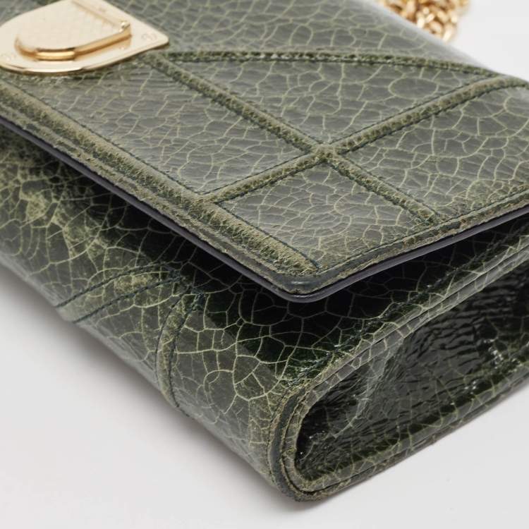 Pre Owned Dior Green Crackled Patent Leather Diorama Wallet On Chain