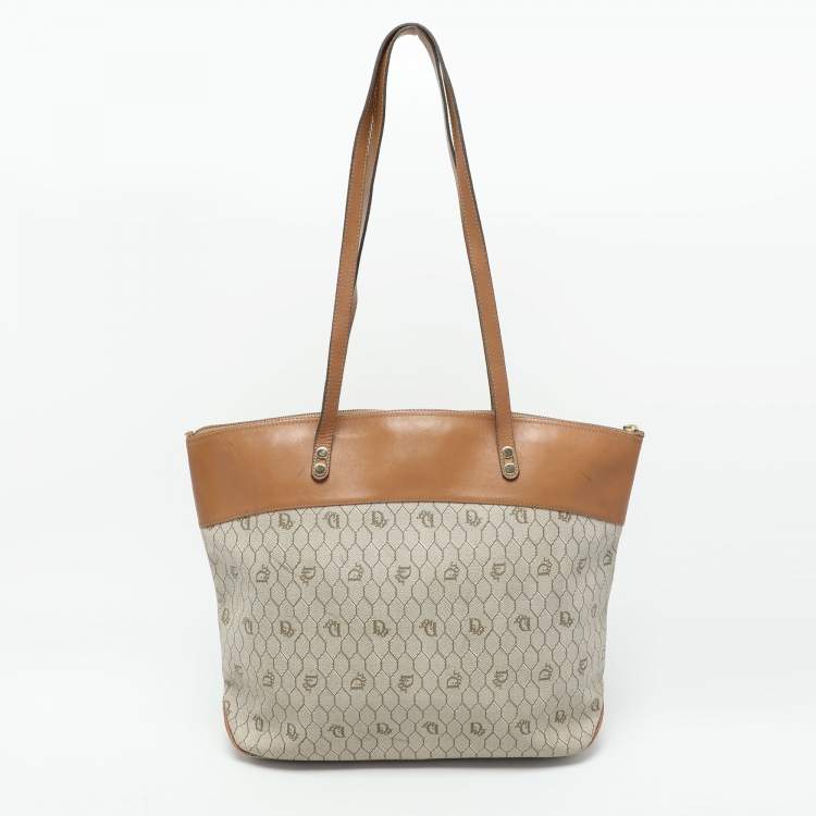 Pre Owned Dior Beige/Brown Honeycomb Coated Canvas and Leather Vintage Tote